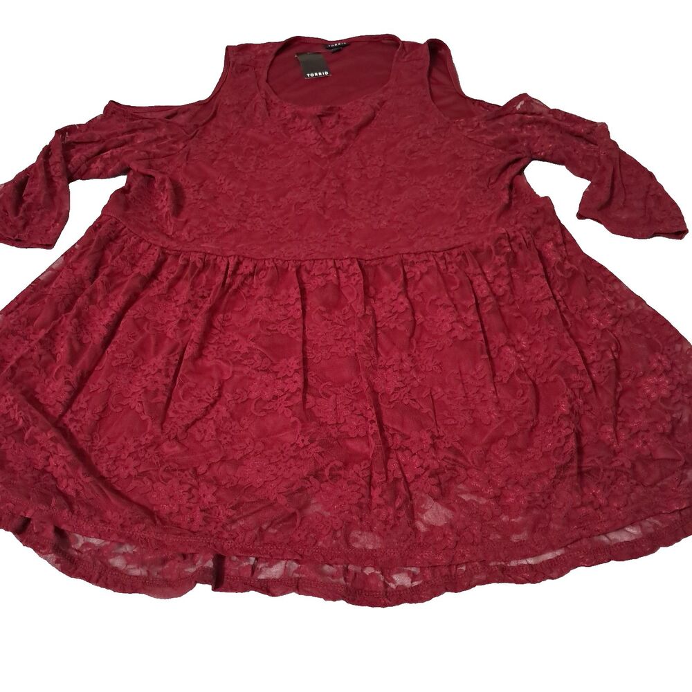 Torrid Women Size 2 2X Maroon Red Long Sleeve Cold Shoulder Stretch Lace Top NWT